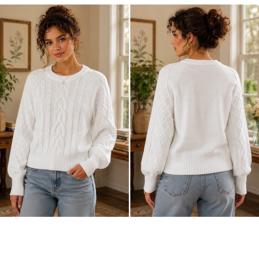 Tahari Cable Knit Sweater Women Large White Excellent Raglan Sleeve Pullover